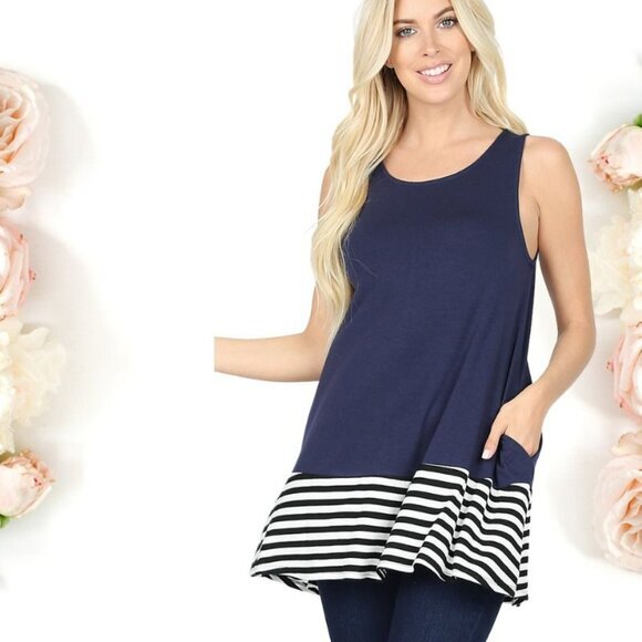 Zenana‎ Women's Wide Strap Tank Top Blue Striped Solid Contrast Size S - Picture 2 of 6